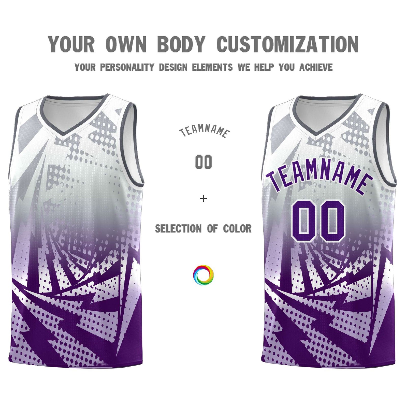 Custom Youth Basketball Jerseys Silver Gray Purple Lightning Design Halftone Personalized Uniforms