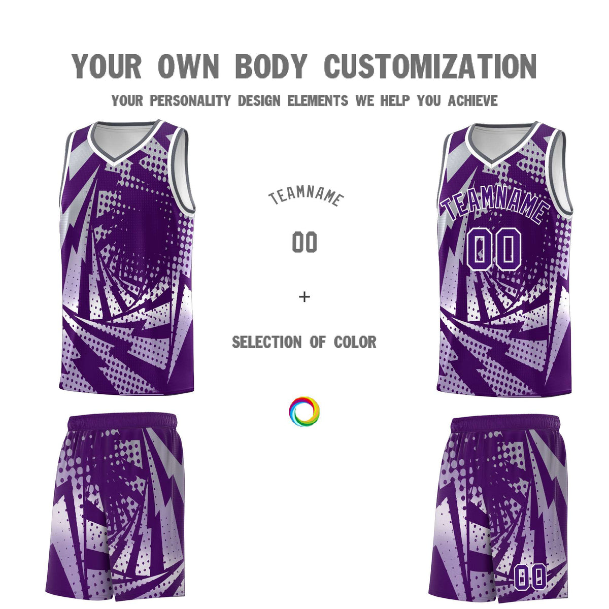 Custom Youth Basketball Jerseys Silver Gray Purple Lightning Design Halftone Personalized Uniforms