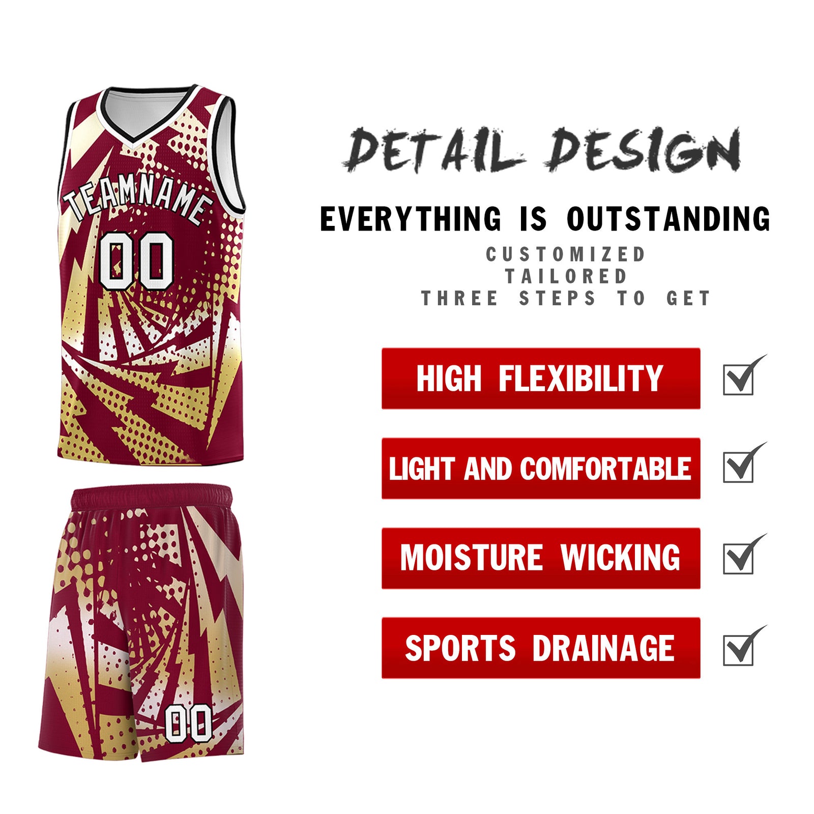 Custom Youth Basketball Jerseys Crimson Old Gold Lightning Design Halftone Personalized Uniforms