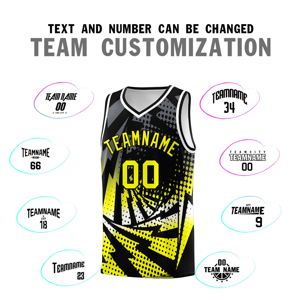 Custom Youth Basketball Jerseys Black Fluorescent Yellow Lightning Design Halftone Personalized Uniforms