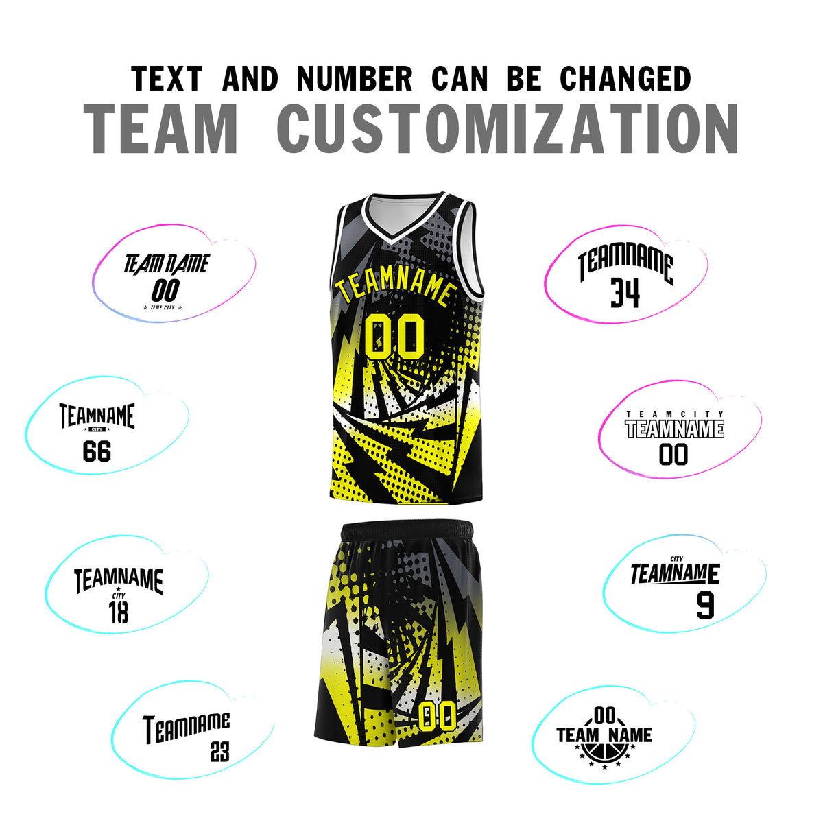 Custom Youth Basketball Jerseys Black Fluorescent Yellow Lightning Design Halftone Personalized Uniforms