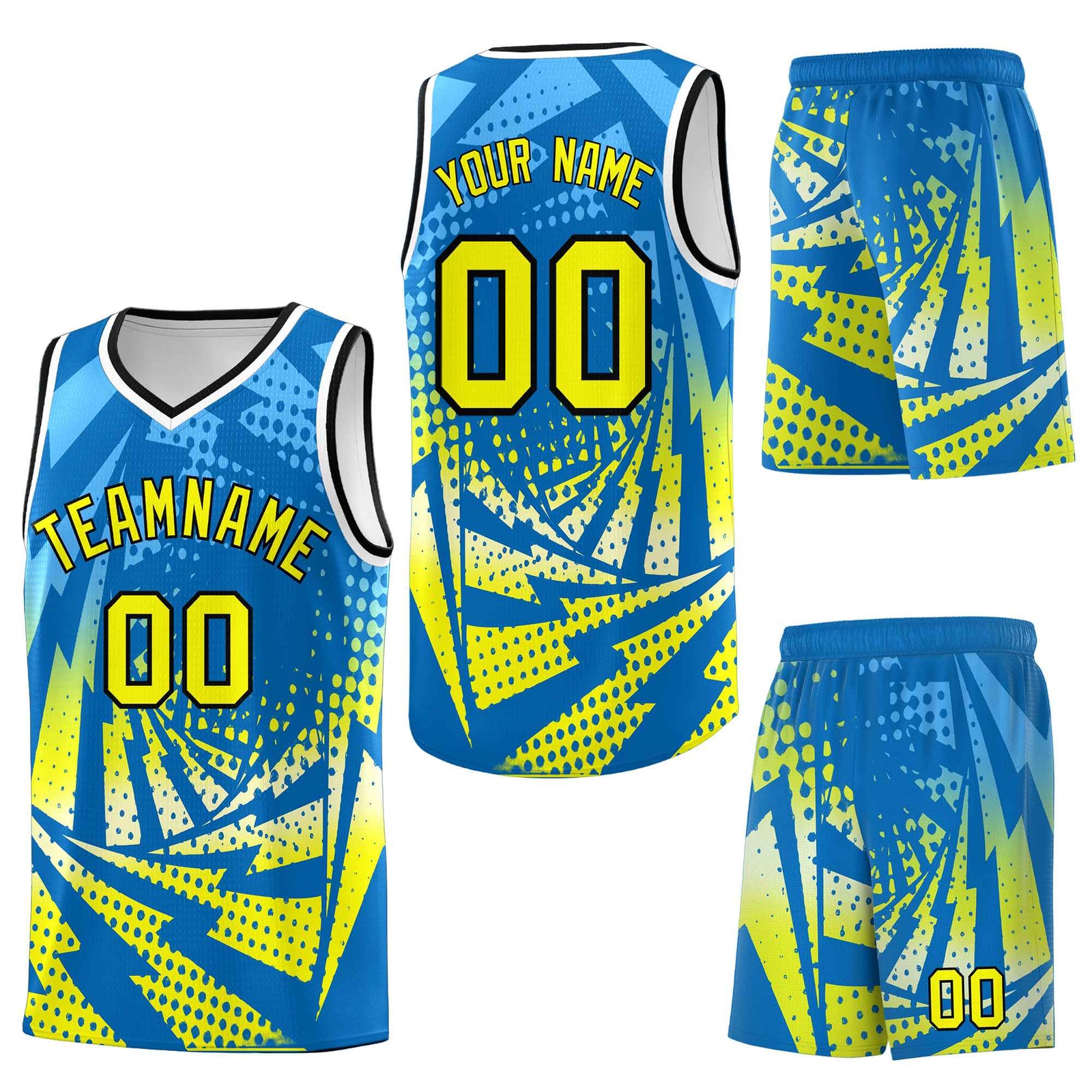 Custom Light Blue Fluorescent Yellow Lightning Halftone Dot Design Lightweight Uniform Basketball Jersey