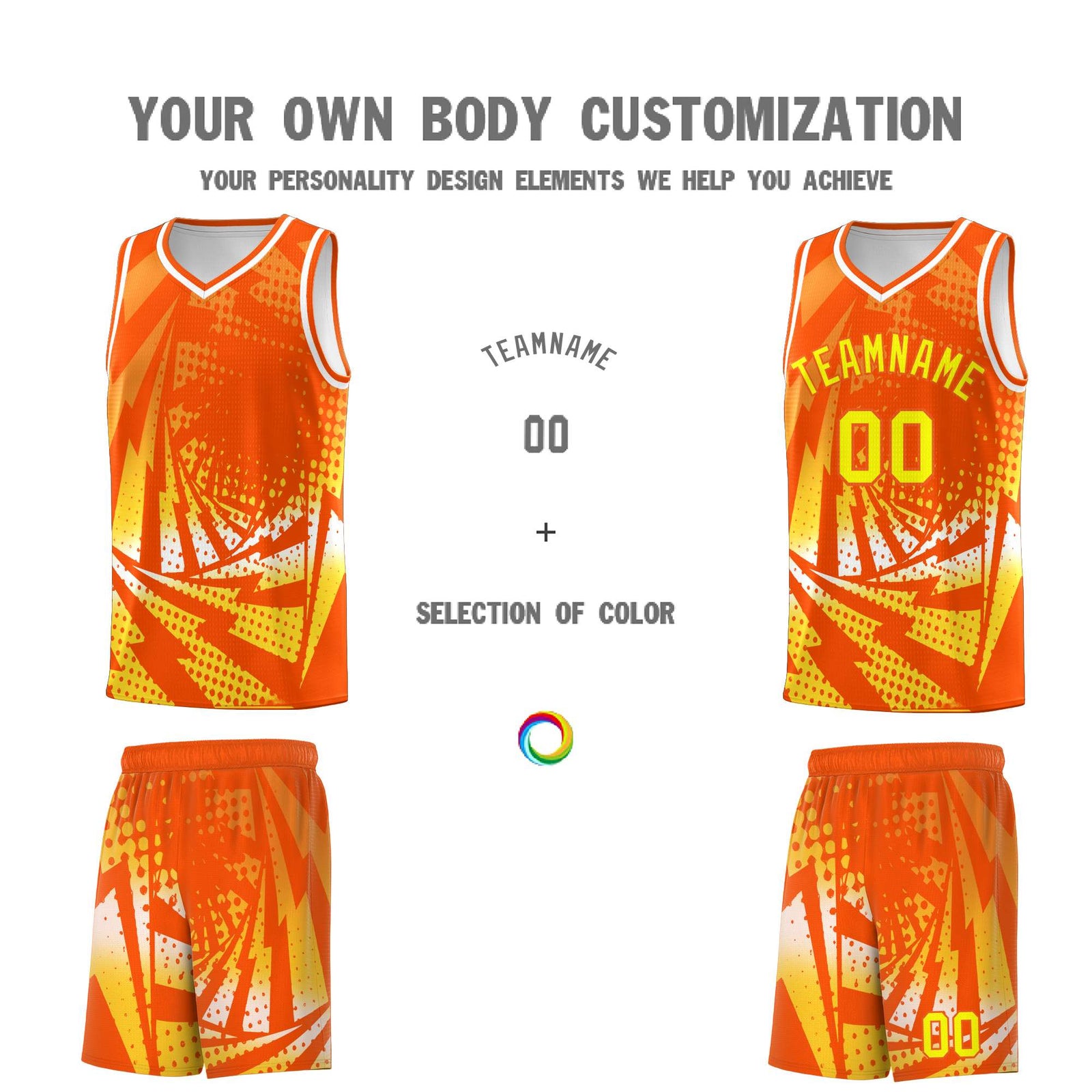 Custom Youth Basketball Jerseys Orange Gold Lightning Halftone Personalized Team Uniforms