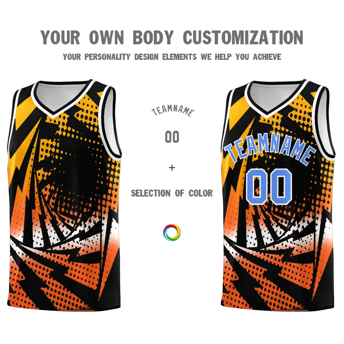 Custom Youth Basketball Jerseys Black Orange Lightning Design Halftone Personalized Uniforms