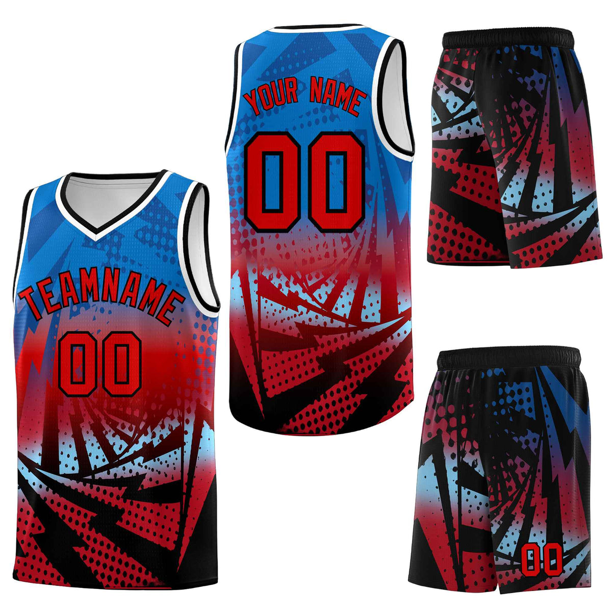 Custom Royal Red Lightning Halftone Dot Design Quick-Drying Uniform Basketball Jersey
