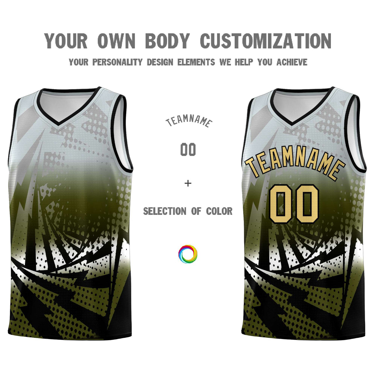 Custom Youth Basketball Jerseys Silver Gray Olive Lightning Design Halftone Personalized Uniforms