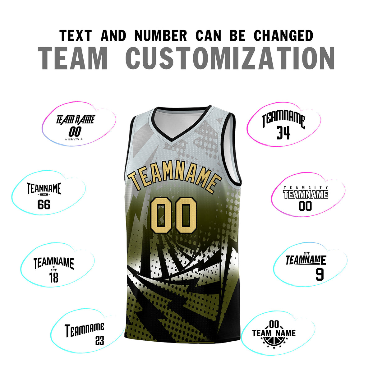 Custom Youth Basketball Jerseys Silver Gray Olive Lightning Design Halftone Personalized Uniforms