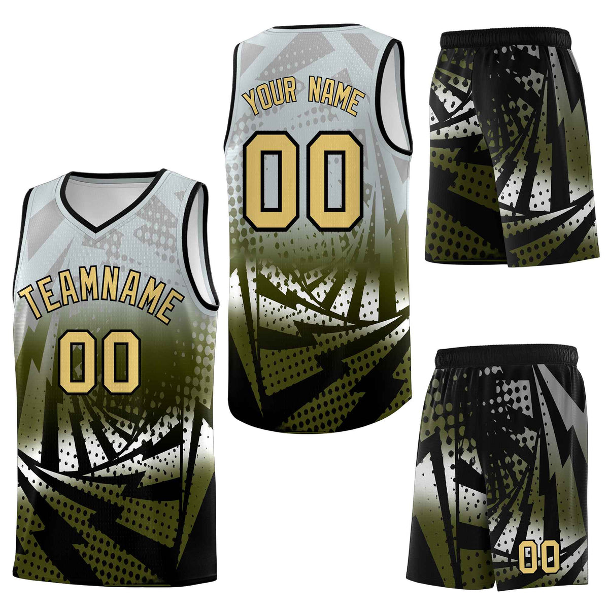 Custom Silver Gray Olive Lightning Halftone Dot Design Wrinkle-Resistant Uniform Basketball Jersey