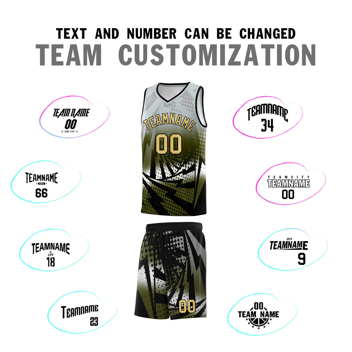Custom Youth Basketball Jerseys Silver Gray Olive Lightning Design Halftone Personalized Uniforms