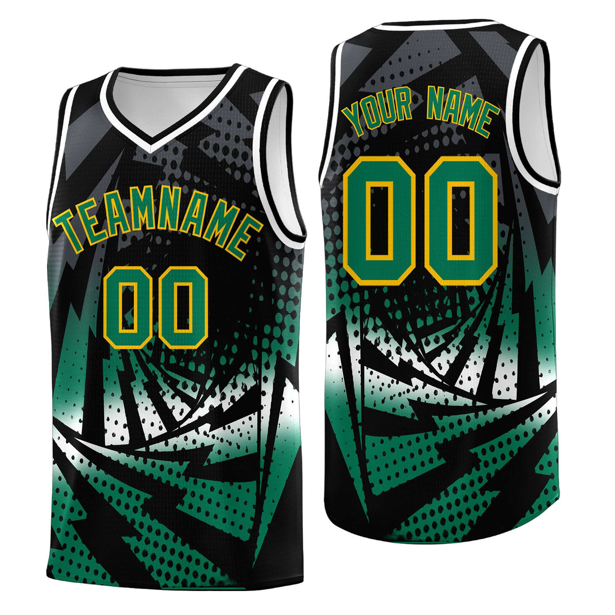 Custom Youth Basketball Jerseys Black Kelly Green Lightning Design Halftone Personalized Uniforms