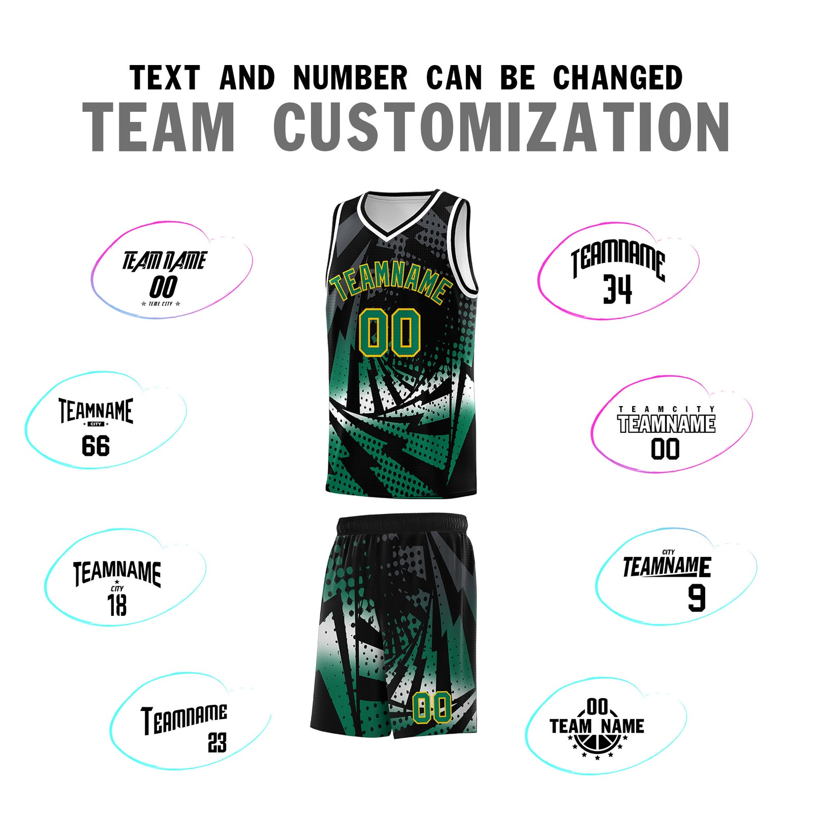 Custom Youth Basketball Jerseys Black Kelly Green Lightning Design Halftone Personalized Uniforms