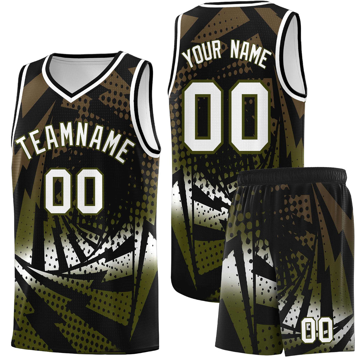 Custom Youth Basketball Jerseys Black Olive Lightning Design Halftone Personalized Uniforms