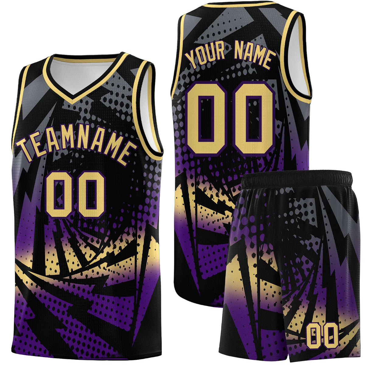 Custom Youth Basketball Jerseys Black Purple Lightning Design Halftone Personalized Uniforms