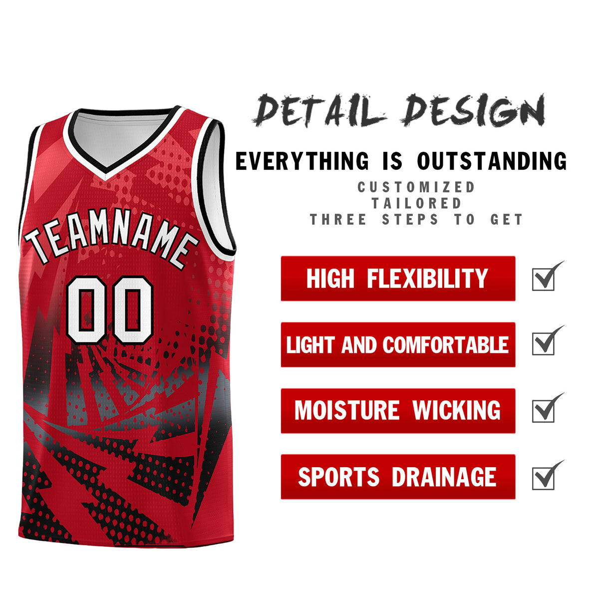 Custom Youth Basketball Jerseys Red Black Lightning Halftone Personalized Team Uniforms