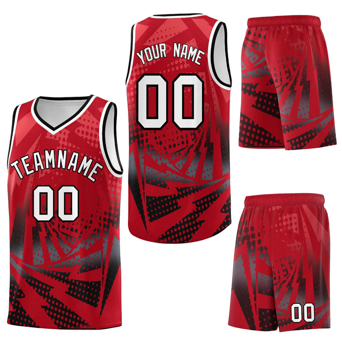 Custom Red Black Lightning Halftone Dot Design Drapable Uniform Basketball Jersey