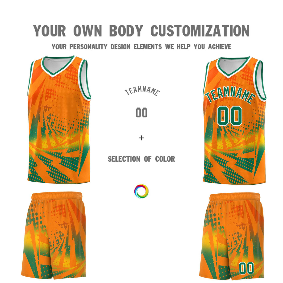 Custom Youth Basketball Jerseys Orange Kelly Green Lightning Design Halftone Personalized Uniforms