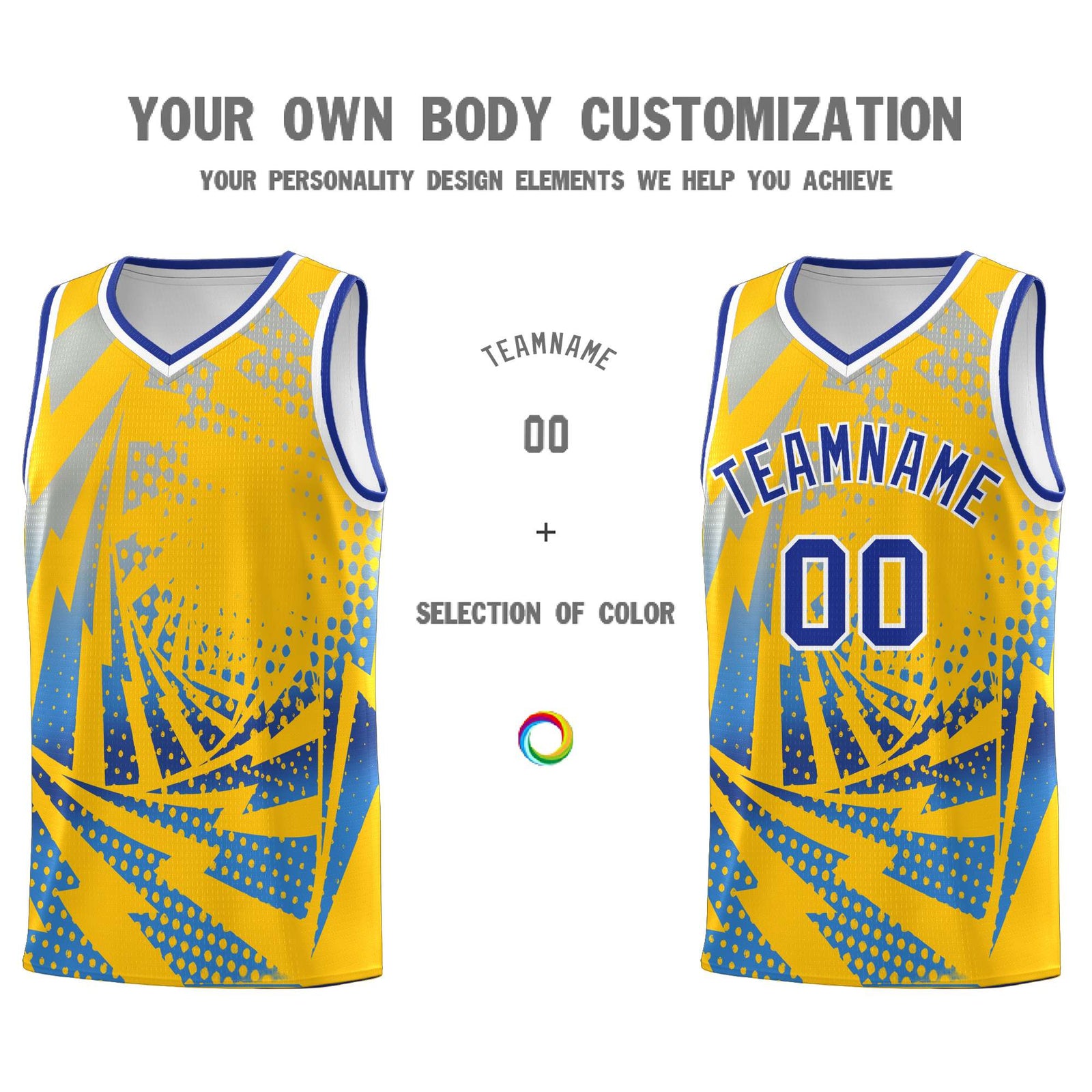 Custom Youth Basketball Jerseys Gold Powder Blue Lightning Halftone Personalized Team Uniforms