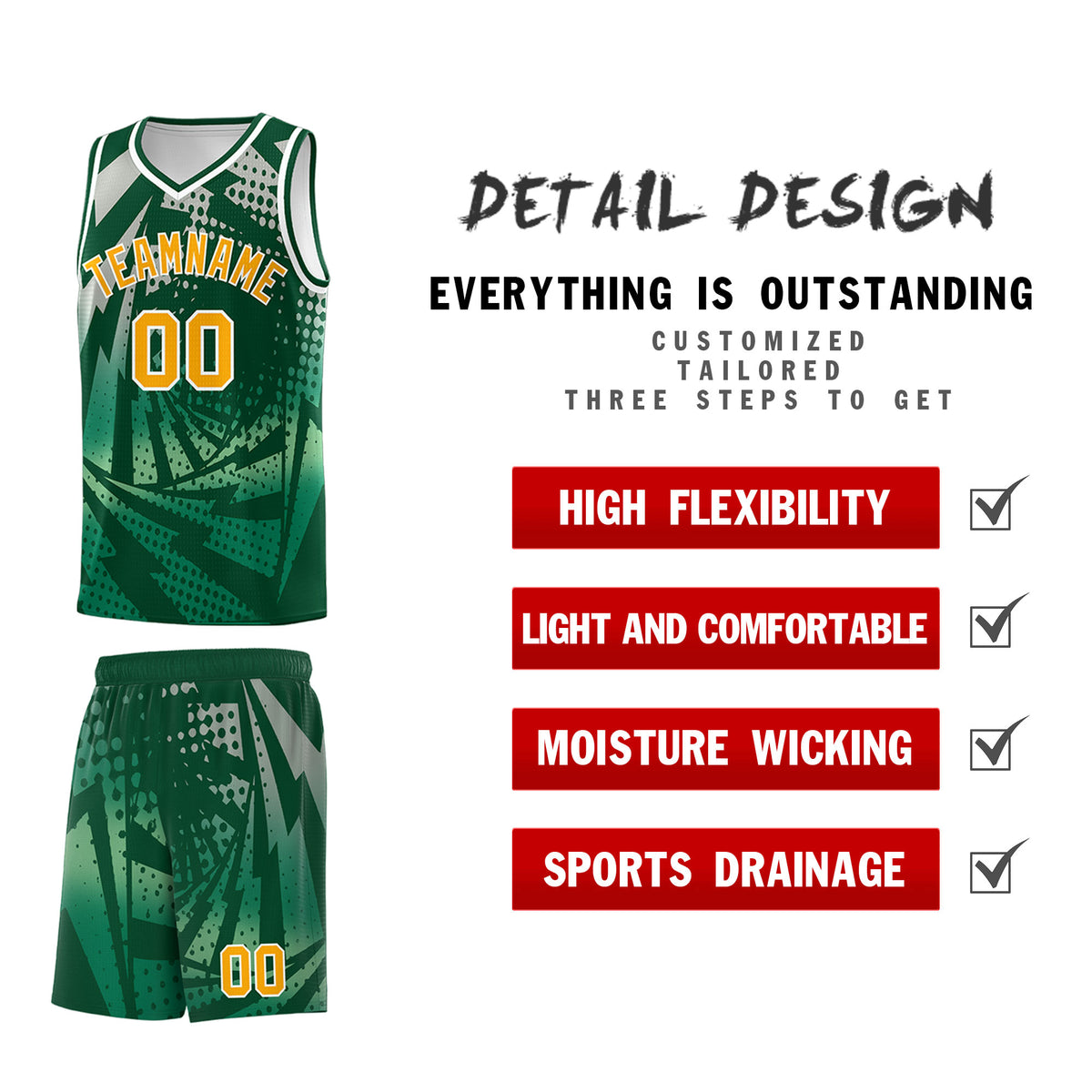 Custom Youth Basketball Jerseys Green Kelly Green Lightning Design Halftone Personalized Uniforms