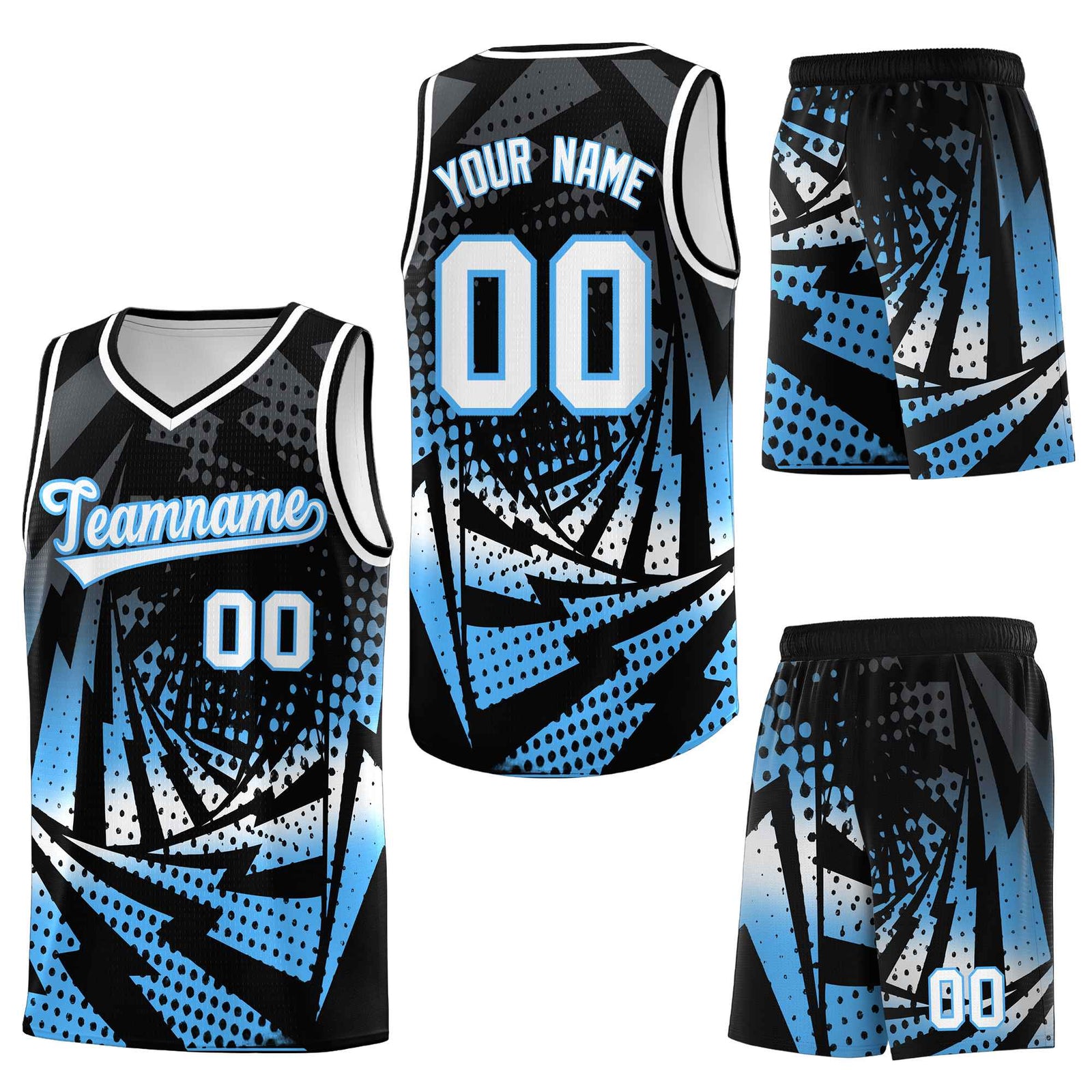 Custom Black Powder Blue Lightning Halftone Dot Design Breathable Uniform Basketball Jersey