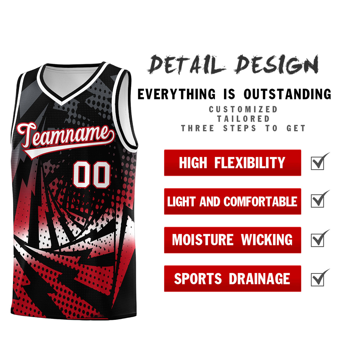 Custom Youth Basketball Jerseys Black Red Lightning Halftone Personalized Team Uniforms