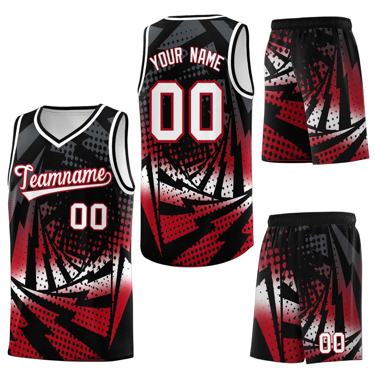 Custom Black Red Lightning Halftone Dot Design Quick-Drying Uniform Basketball Jersey