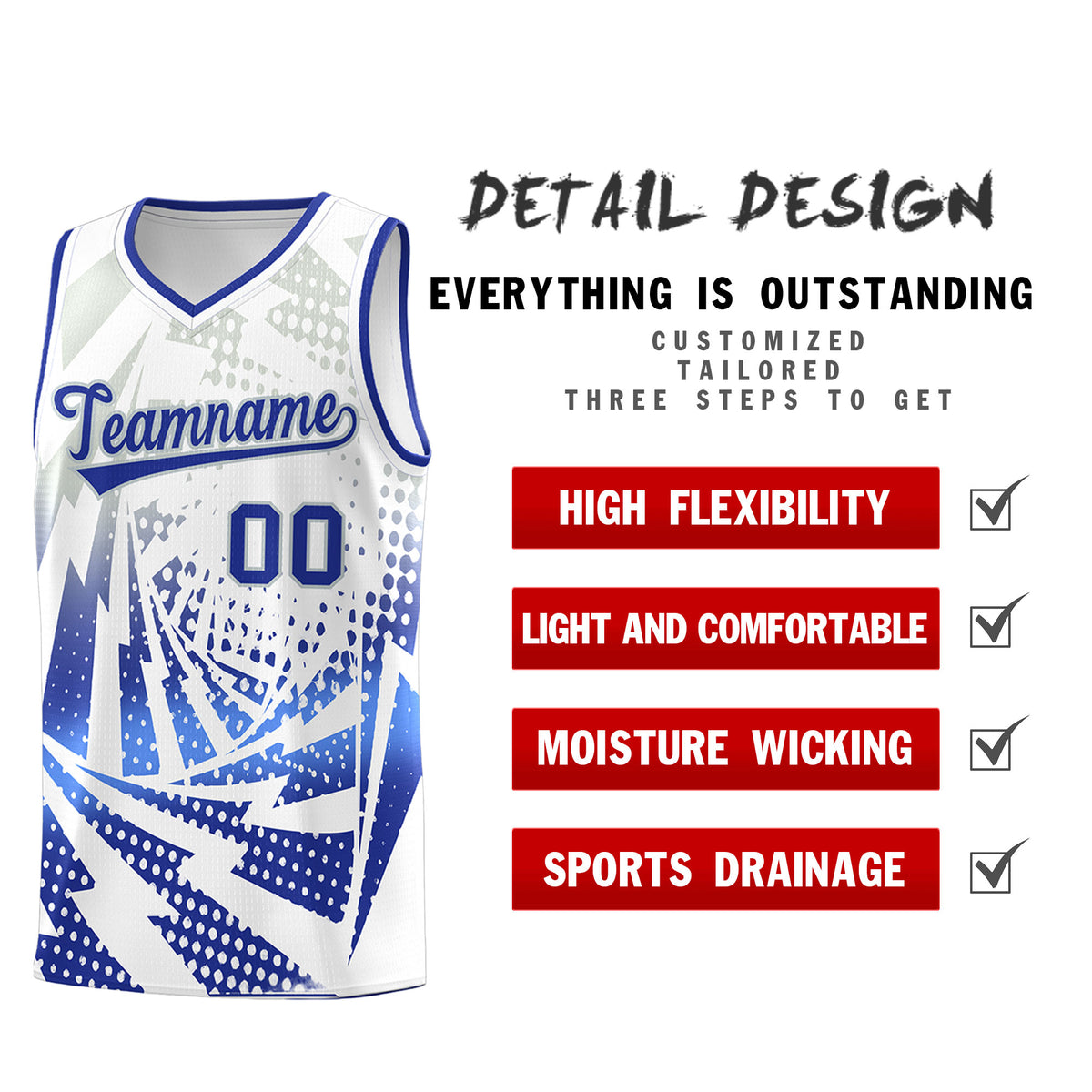 Custom Youth Basketball Jerseys White Royal Blue Lightning Design Halftone Personalized Uniforms