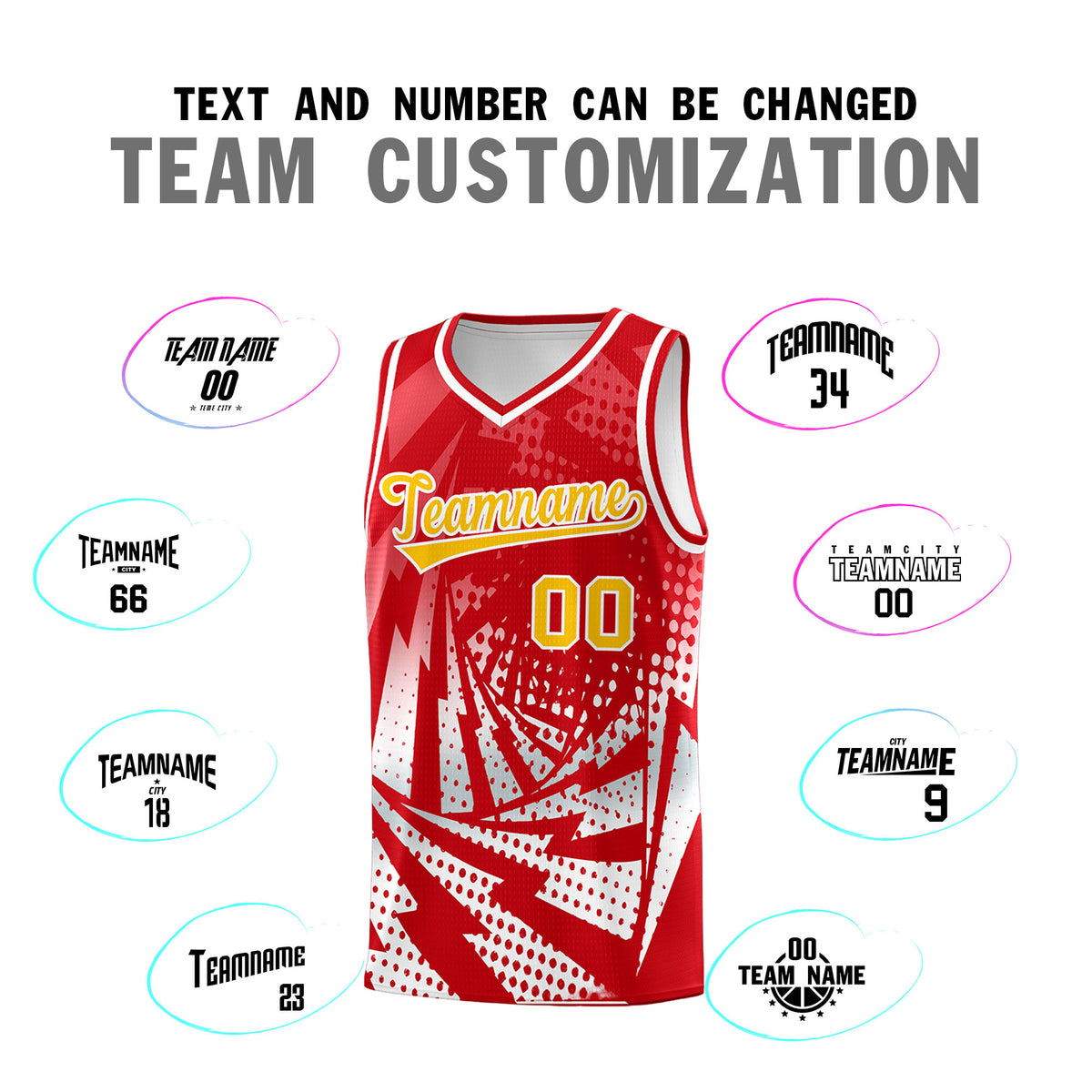 Custom Youth Basketball Jerseys Red White Lightning Halftone Personalized Team Uniforms