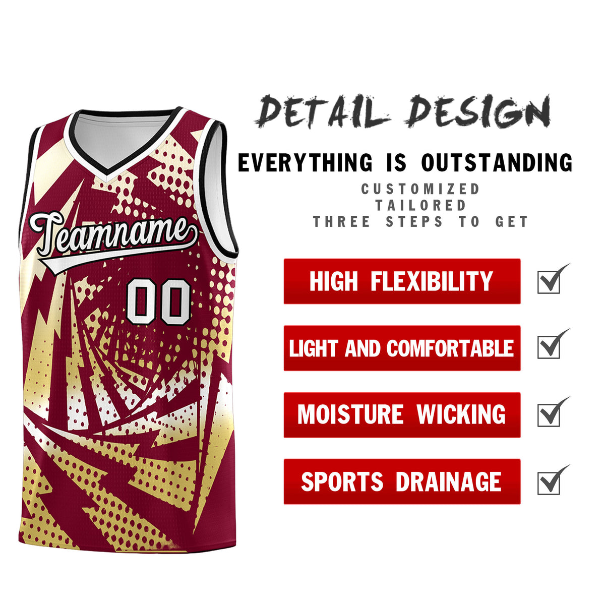 Custom Youth Basketball Jerseys Crimson Old Gold Lightning Design Halftone Personalized Uniforms