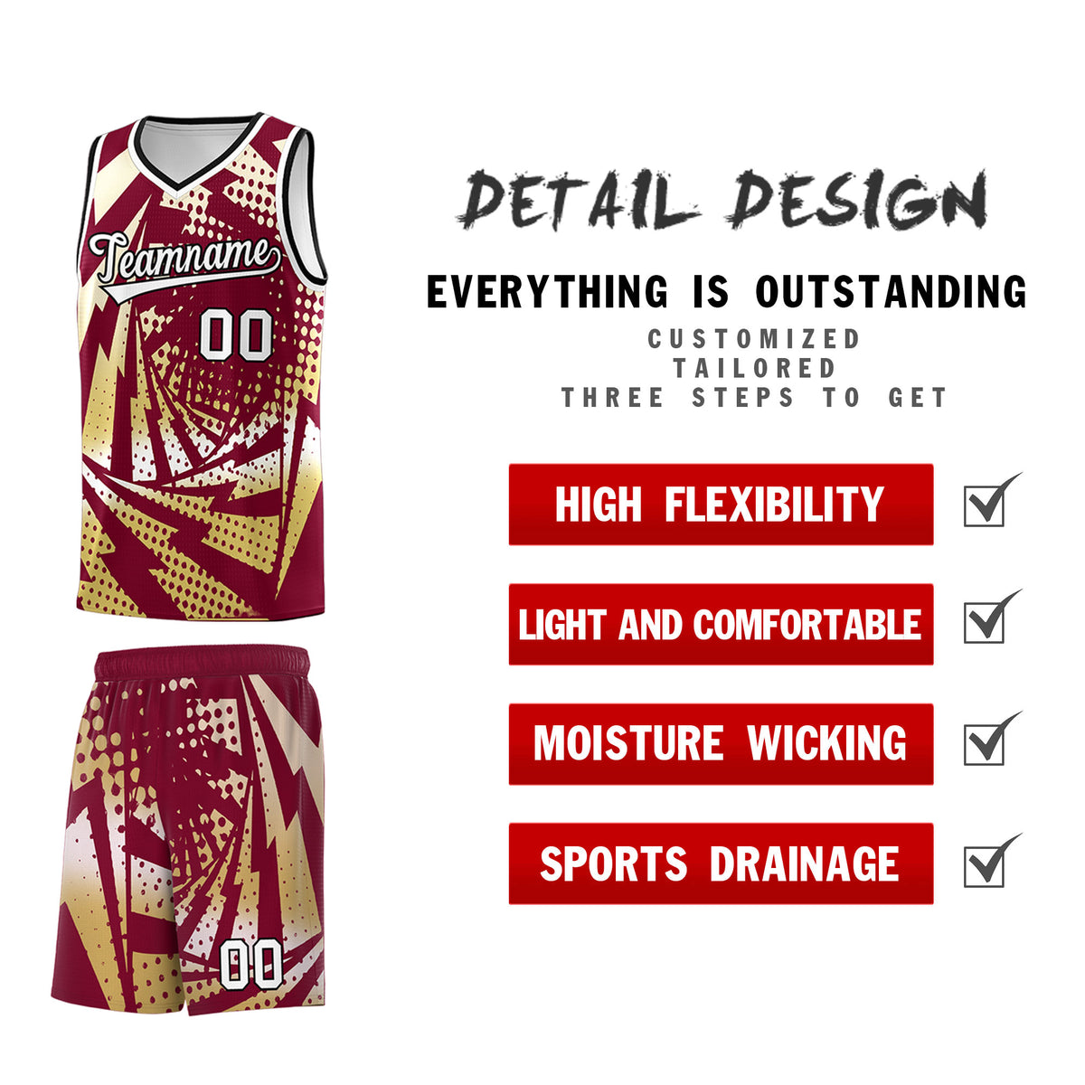 Custom Youth Basketball Jerseys Crimson Old Gold Lightning Design Halftone Personalized Uniforms