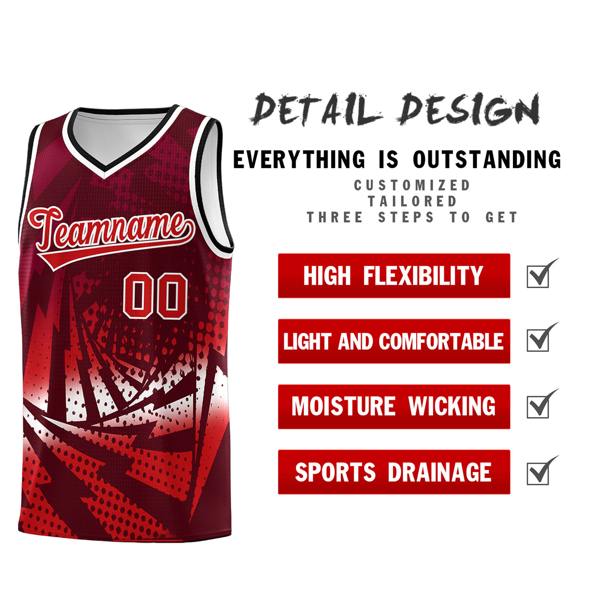 Custom Youth Basketball Jerseys Maroon Red Lightning Halftone Personalized Team Uniforms