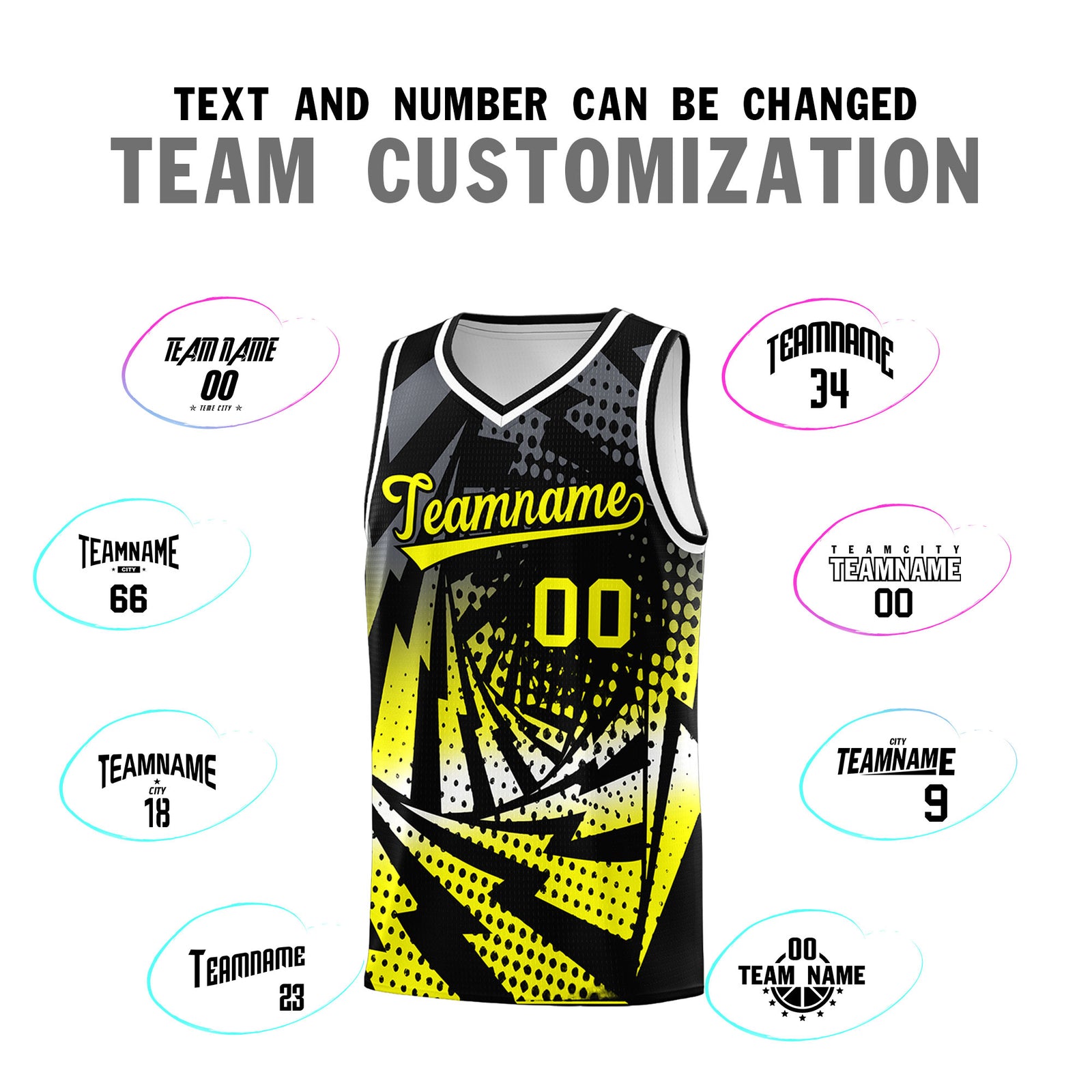 Custom Youth Basketball Jerseys Black Fluorescent Yellow Lightning Design Halftone Personalized Uniforms