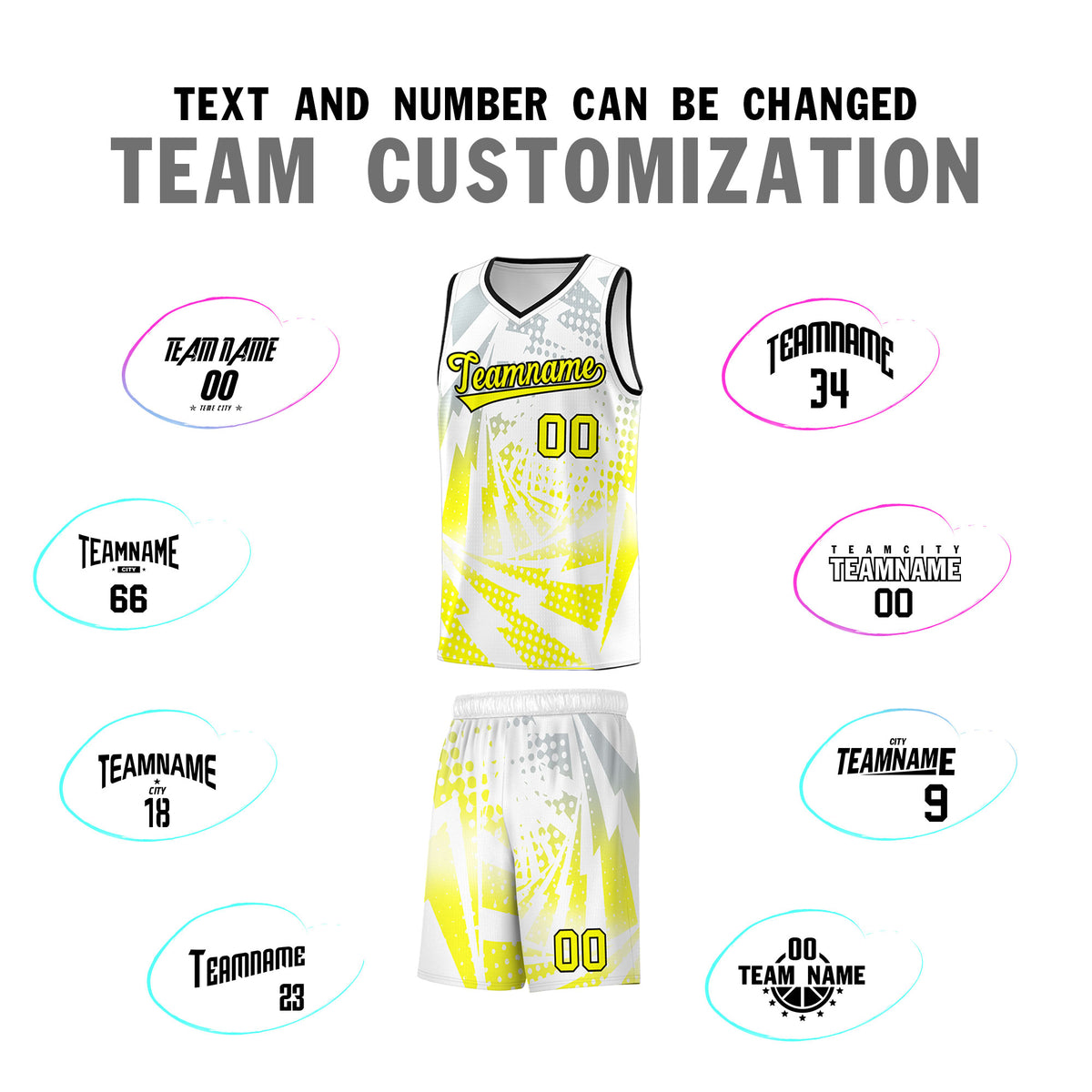 Custom Youth Basketball Jerseys White Fluorescent Yellow Lightning Halftone Personalized Team Uniforms