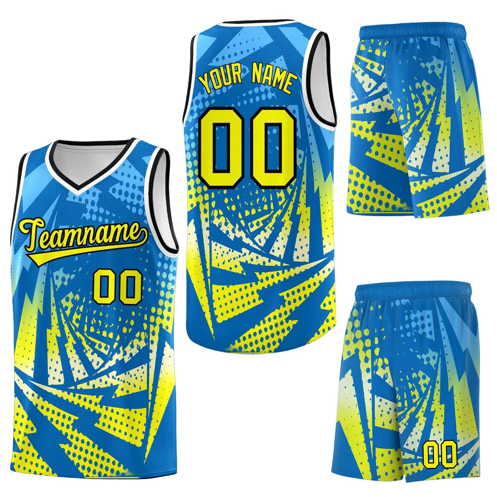 Custom Light Blue Fluorescent Yellow Lightning Halftone Dot Design Lightweight Uniform Basketball Jersey