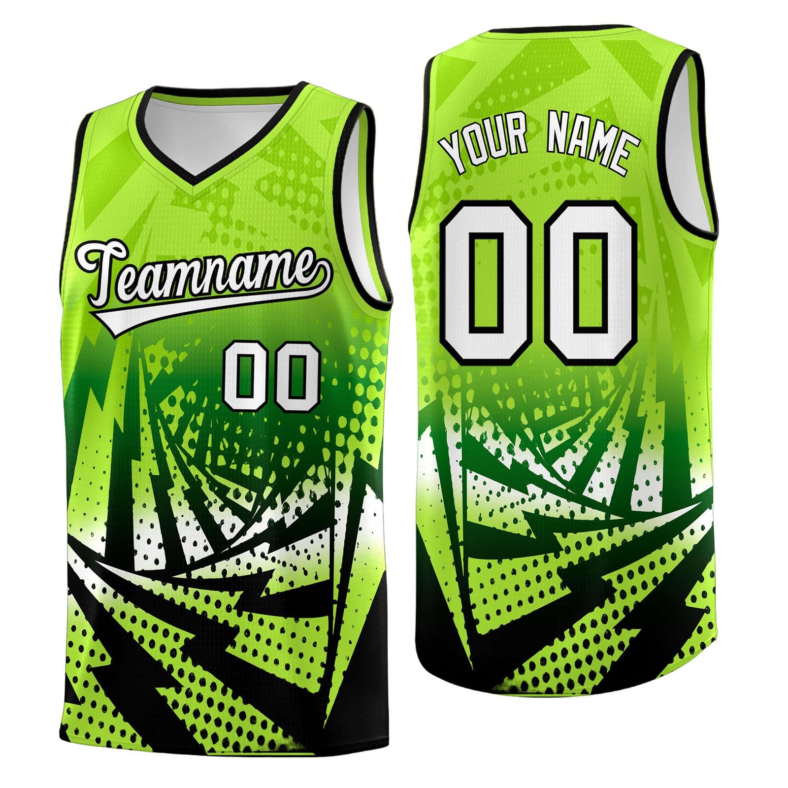 Custom Youth Basketball Jerseys Neon Green Black Lightning Halftone Personalized Team Uniforms