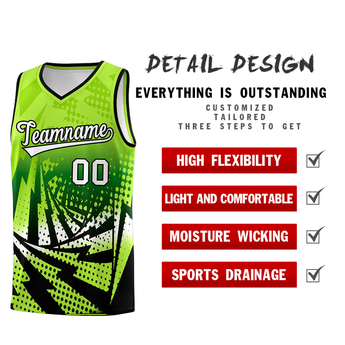 Custom Youth Basketball Jerseys Neon Green Black Lightning Halftone Personalized Team Uniforms