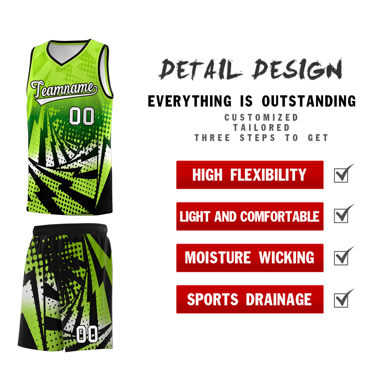 Custom Youth Basketball Jerseys Neon Green Black Lightning Halftone Personalized Team Uniforms