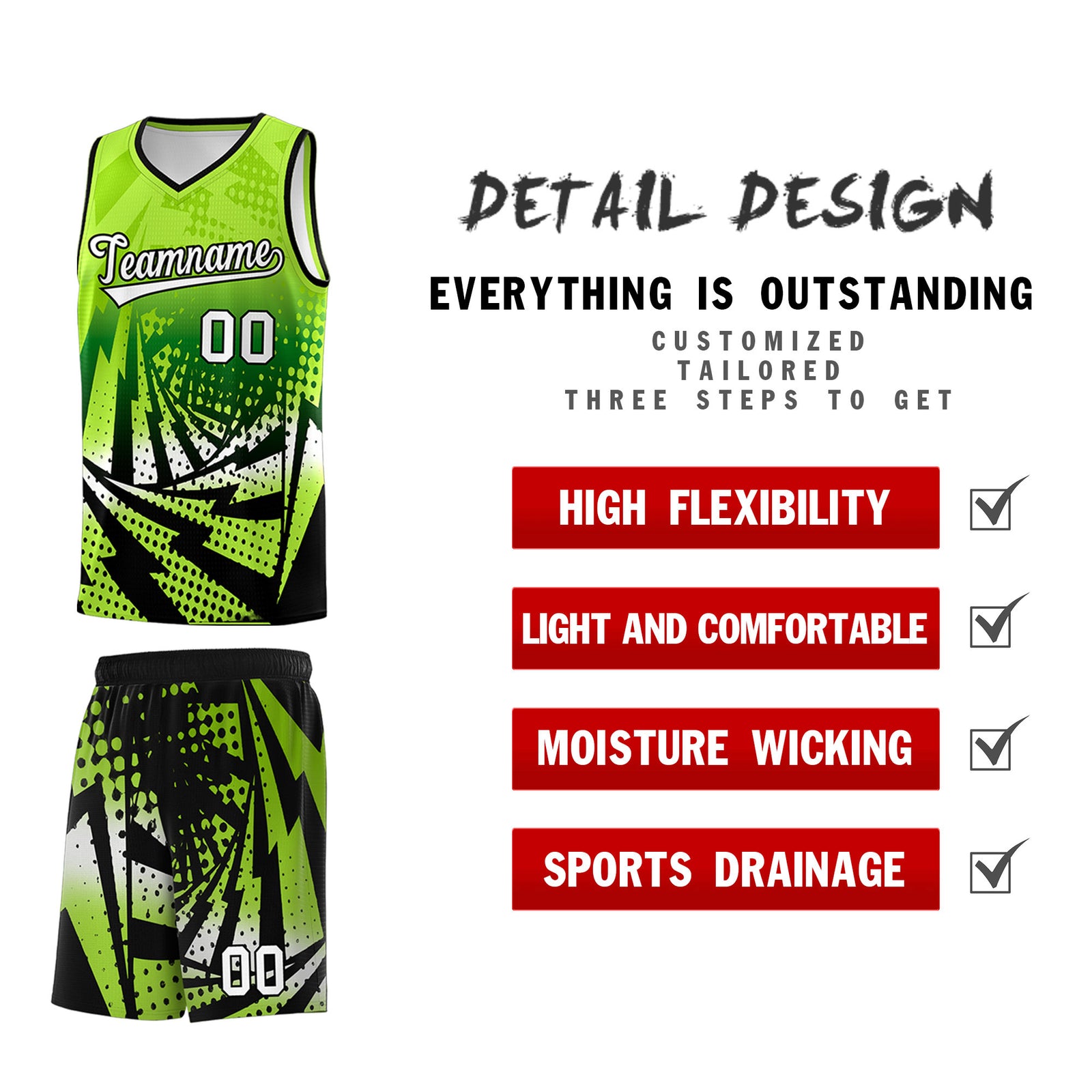 Custom Youth Basketball Jerseys Neon Green Black Lightning Halftone Personalized Team Uniforms