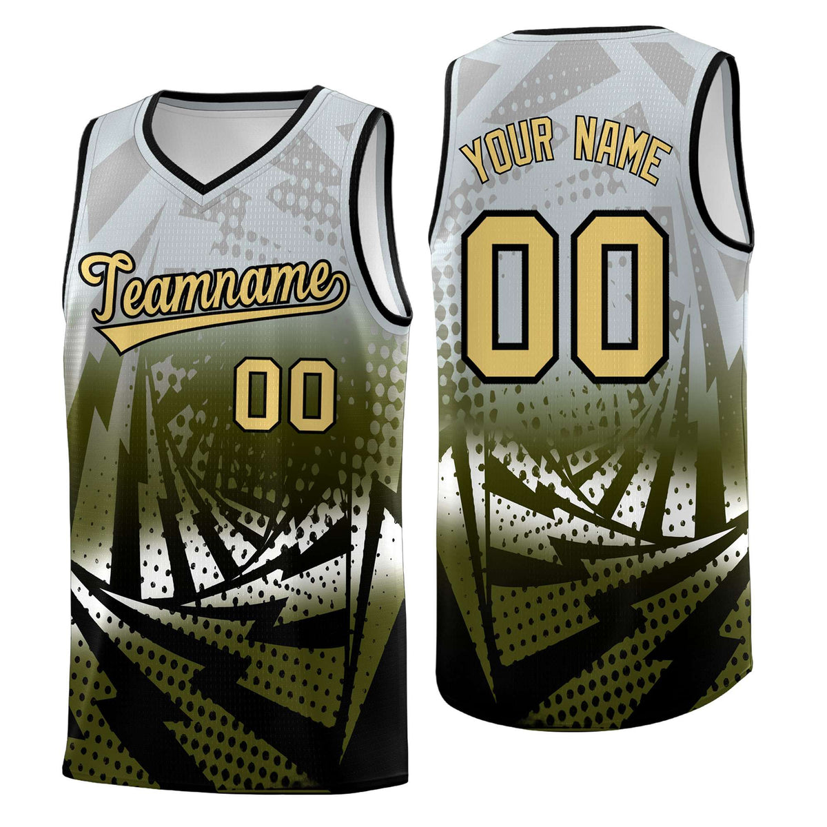 Custom Youth Basketball Jerseys Silver Gray Olive Lightning Design Halftone Personalized Uniforms