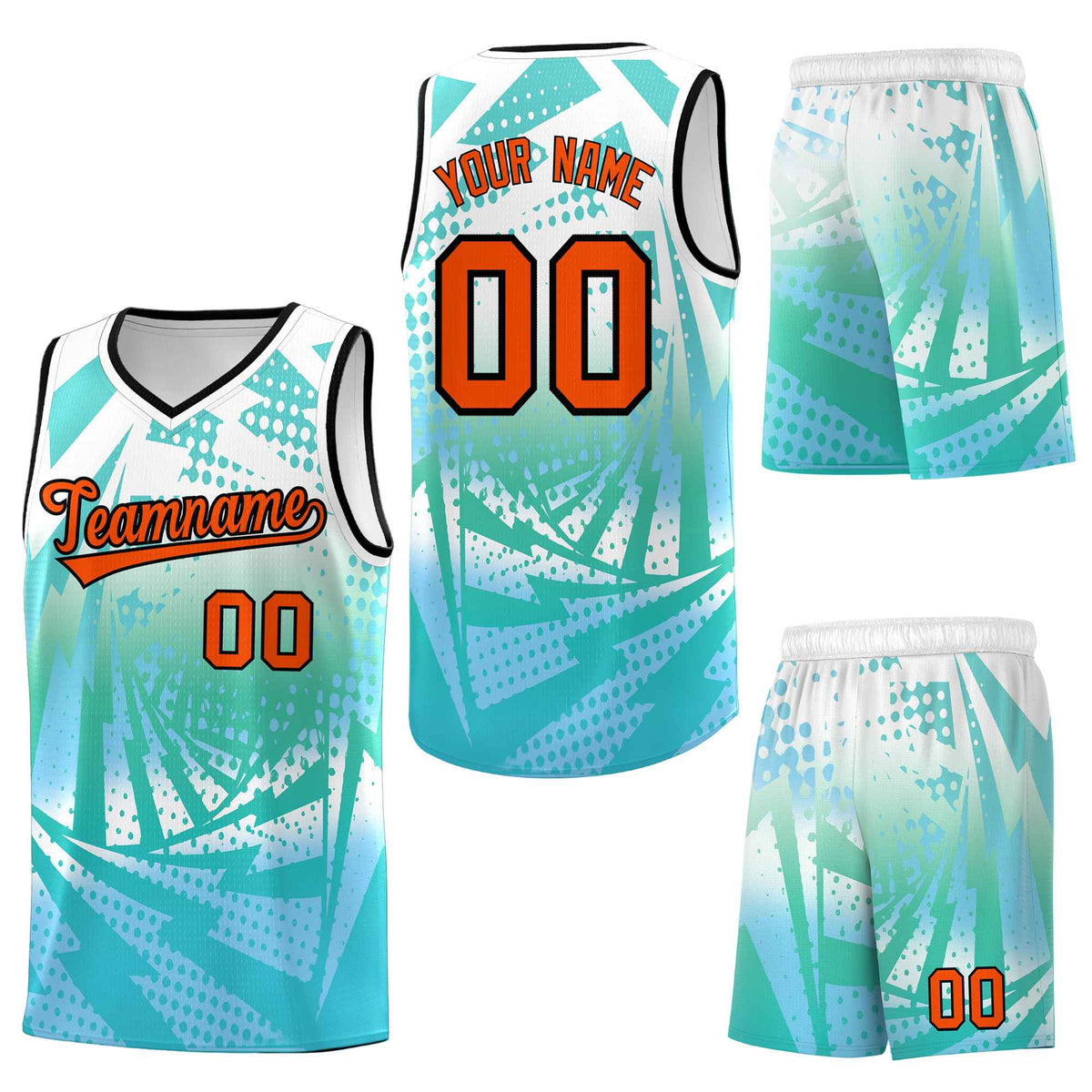 Custom White Light Blue Lightning Halftone Dot Design Drapable Uniform Basketball Jersey