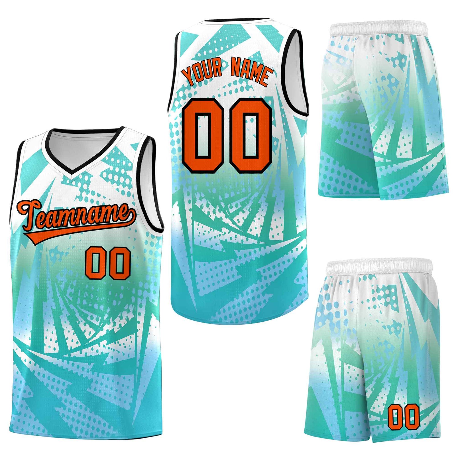 Custom White Light Blue Lightning Halftone Dot Design Drapable Uniform Basketball Jersey