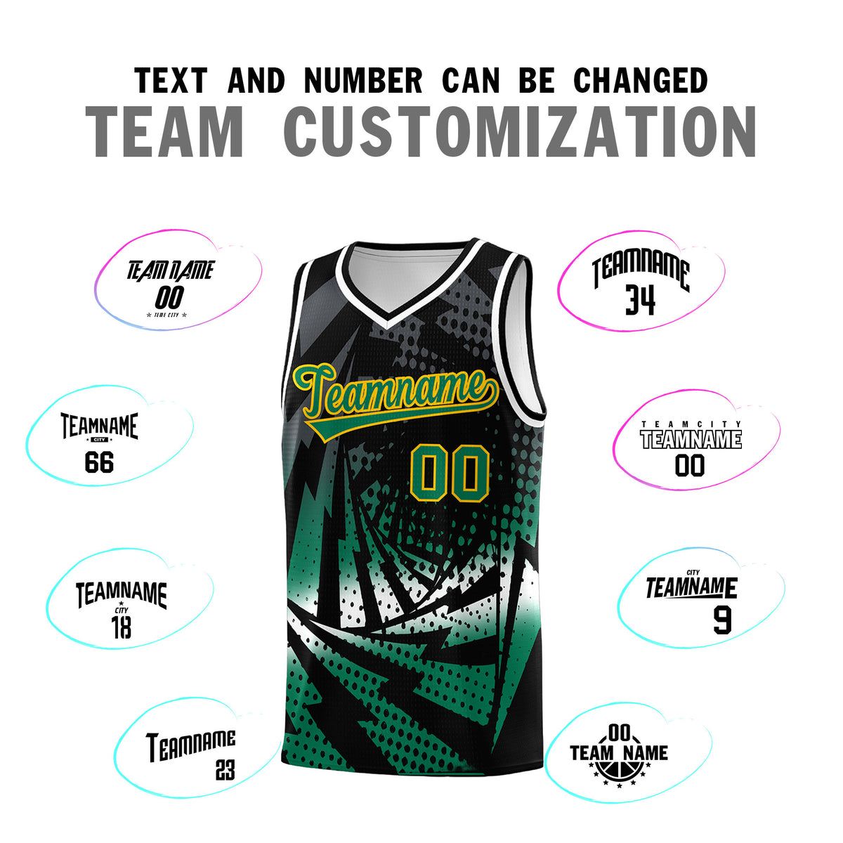 Custom Youth Basketball Jerseys Black Kelly Green Lightning Design Halftone Personalized Uniforms
