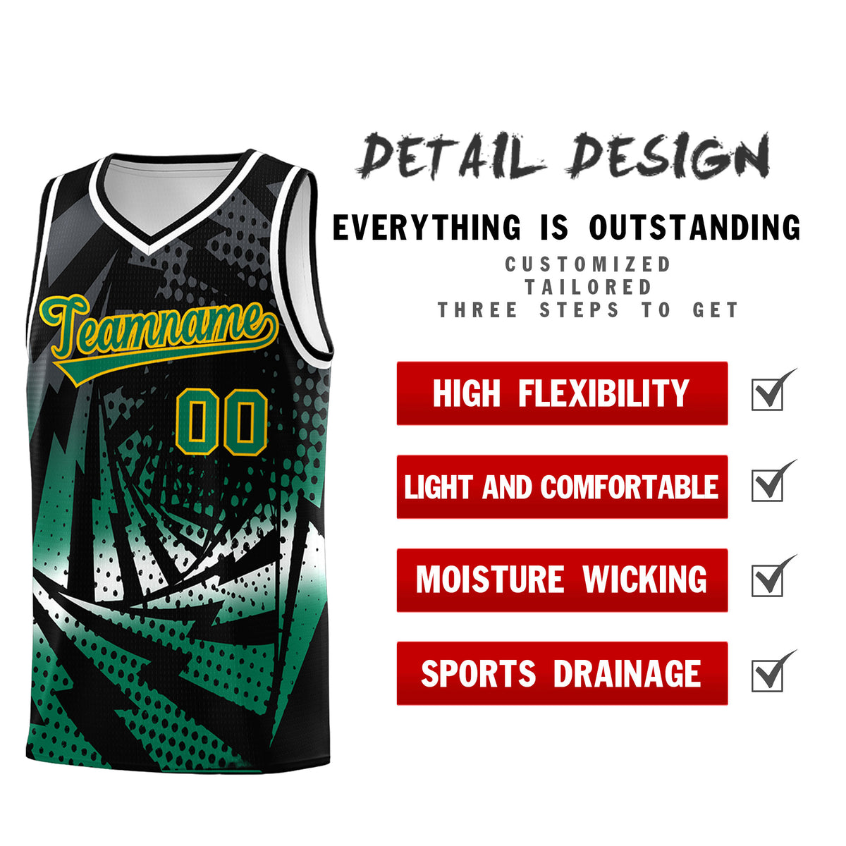 Custom Youth Basketball Jerseys Black Kelly Green Lightning Design Halftone Personalized Uniforms
