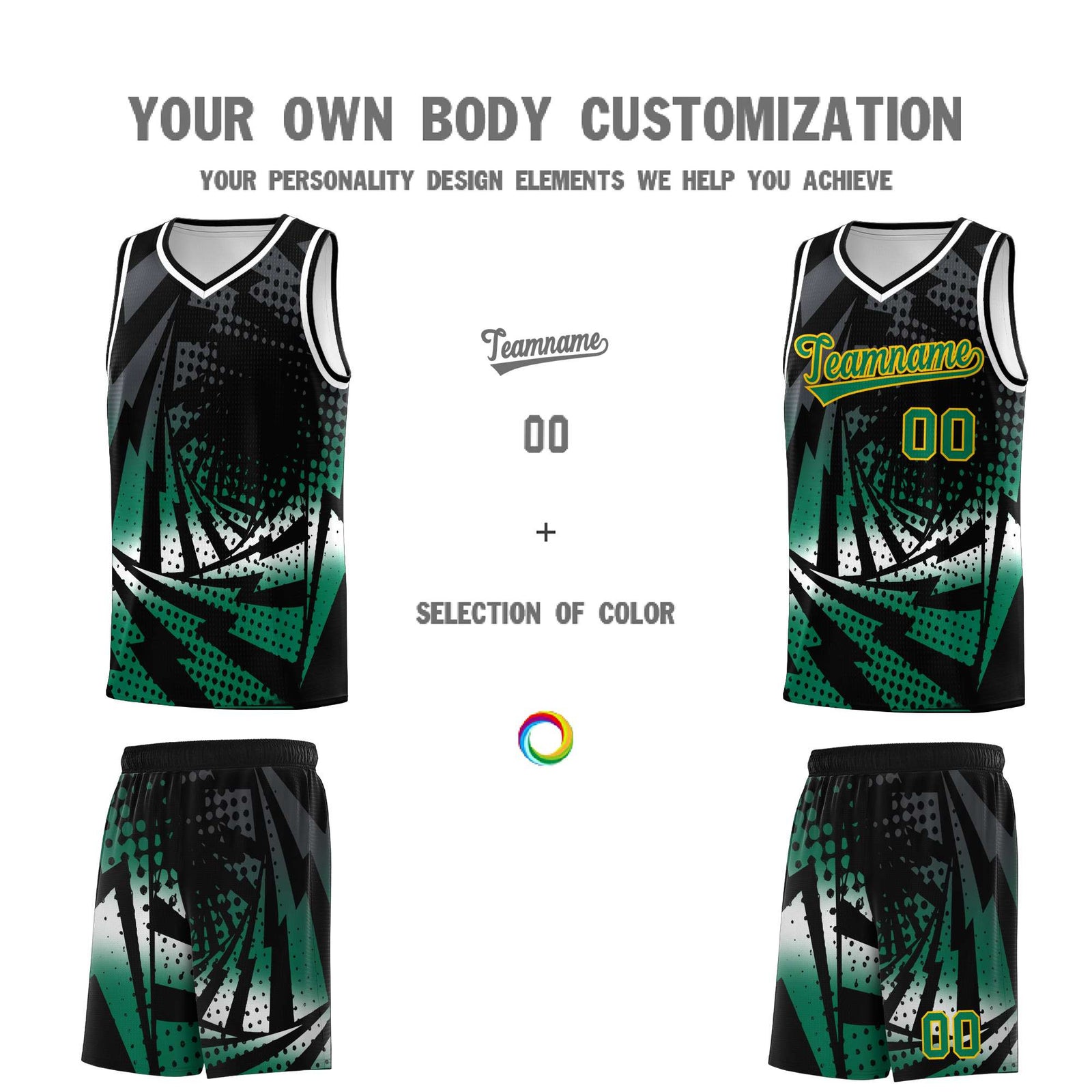 Custom Youth Basketball Jerseys Black Kelly Green Lightning Design Halftone Personalized Uniforms