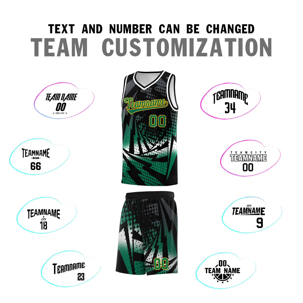 Custom Youth Basketball Jerseys Black Kelly Green Lightning Design Halftone Personalized Uniforms
