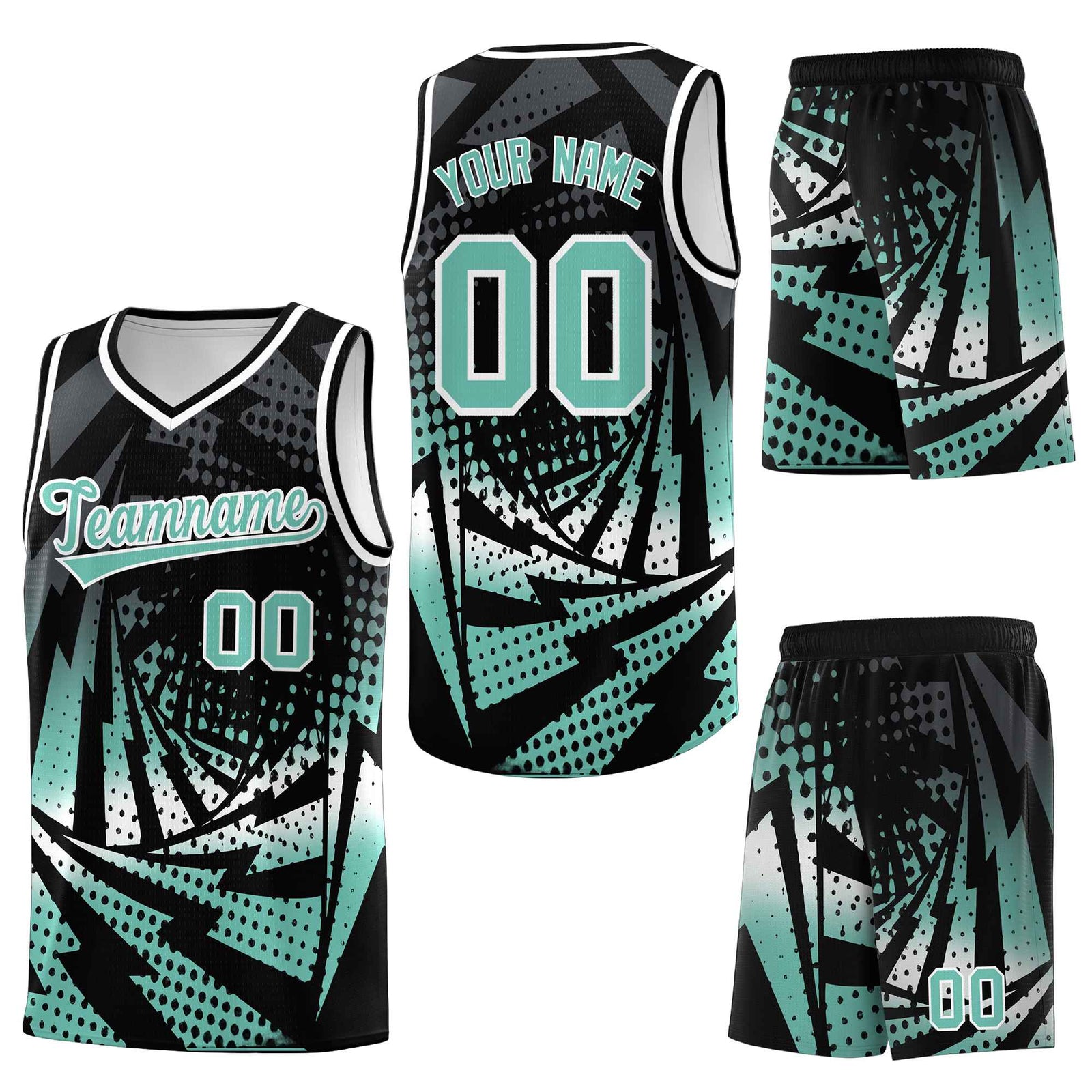 Custom Black Bright Green Lightning Halftone Dot Design Quick-Drying Uniform Basketball Jersey