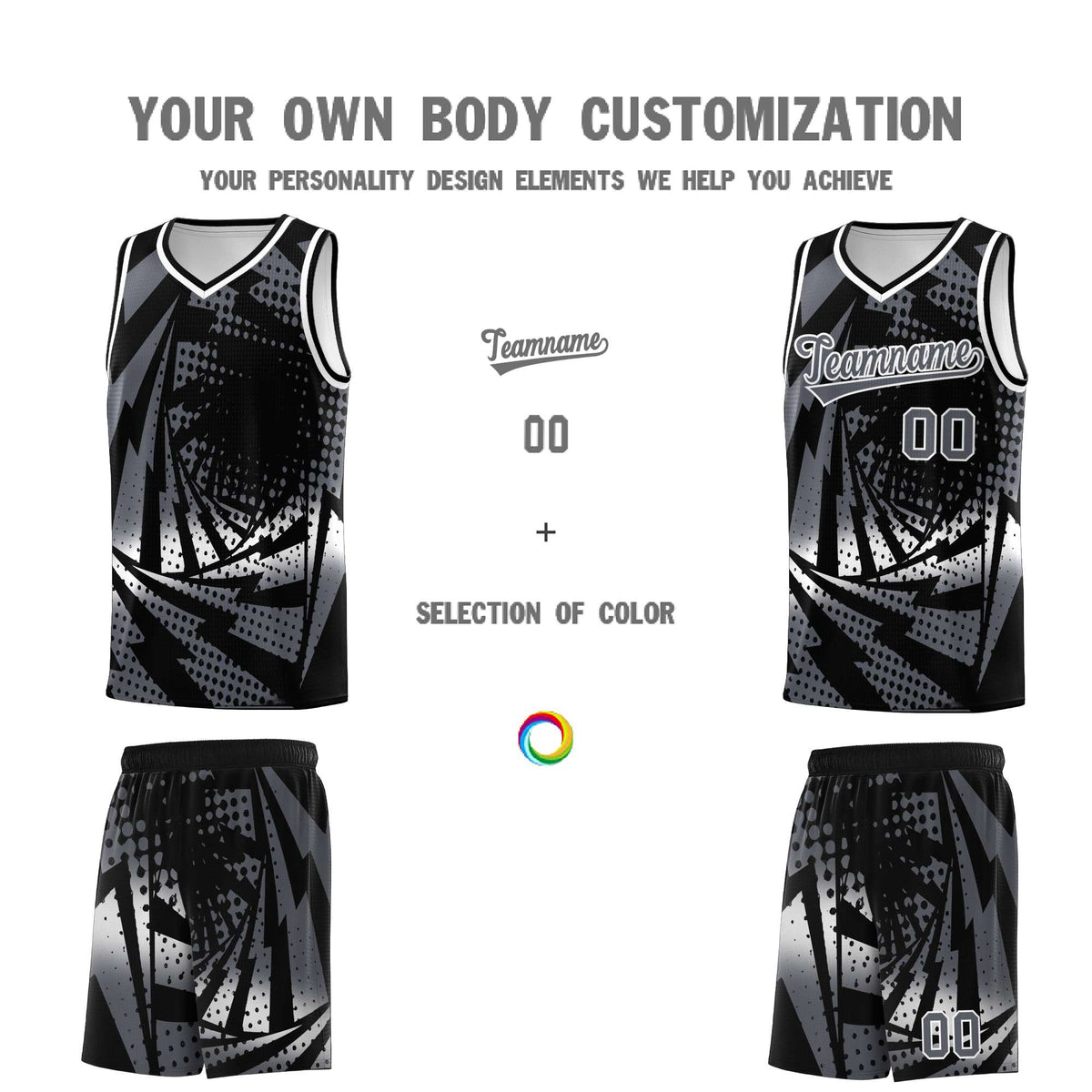 Custom Youth Basketball Jerseys Black Dark Gray Lightning Design Halftone Personalized Uniforms