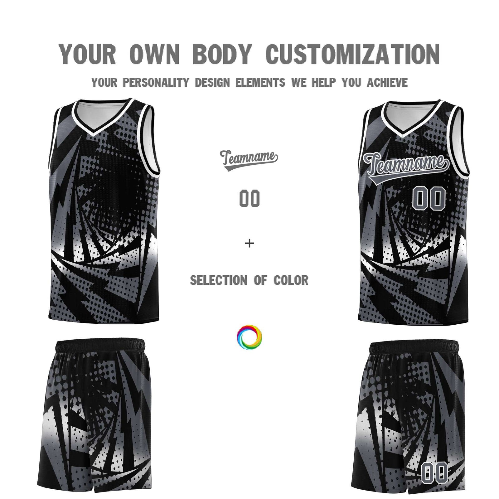 Custom Youth Basketball Jerseys Black Dark Gray Lightning Design Halftone Personalized Uniforms