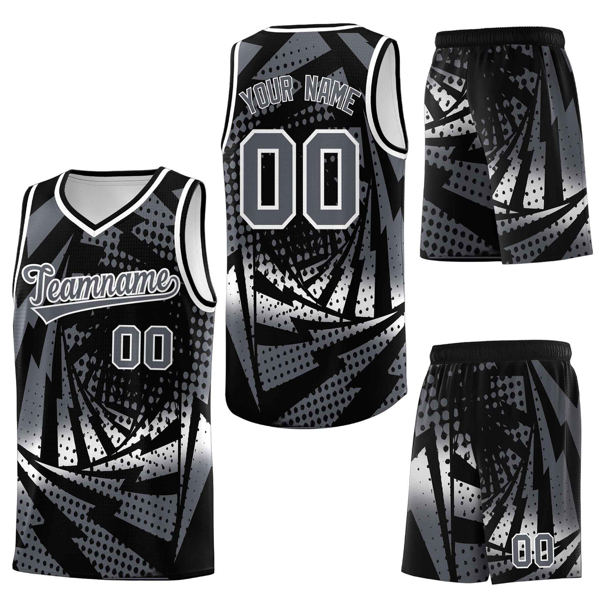 Custom Black Dark Gray Lightning Halftone Dot Design Lightweight Uniform Basketball Jersey