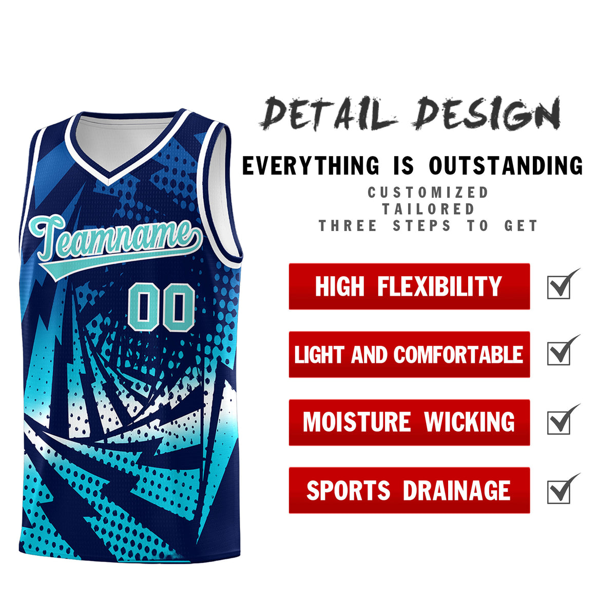 Custom Youth Basketball Jerseys Navy Sky Blue Lightning Halftone Personalized Team Uniforms