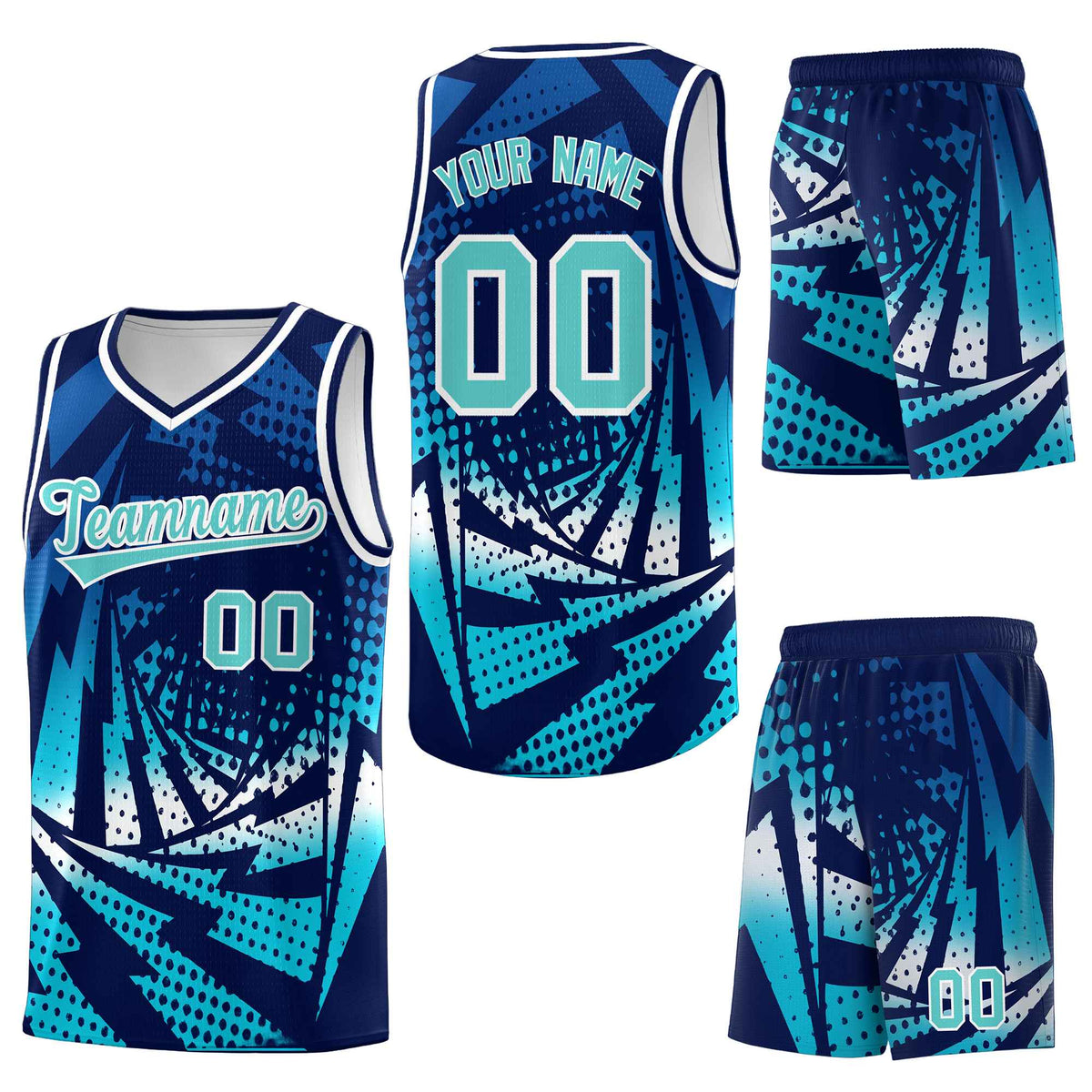 Custom Navy Sky Blue Lightning Halftone Dot Design Wrinkle-Resistant Uniform Basketball Jersey